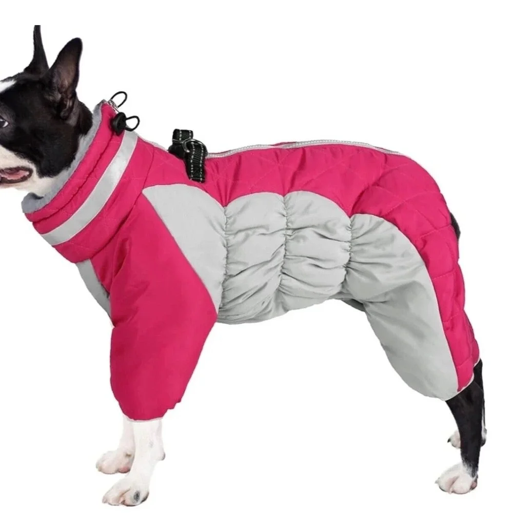 Pink Grey Quilted Puffer Dog Snowsuit Fleece Lined Harness Zip Jumpsuit Medium